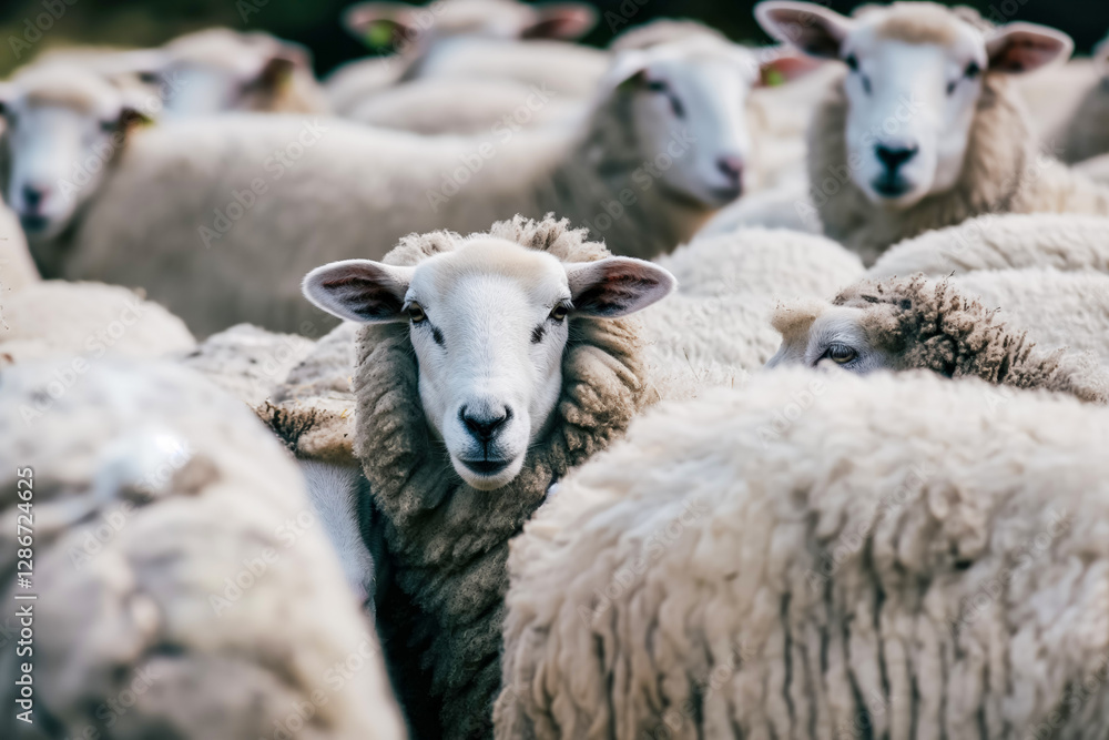Curious sheep stands out in flock of woolly companions in pastoral setting Curious sheep stands out in flock of woolly companions in pastoral setting
