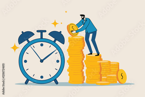 Long term investing or savings for retirement fund, compound interest or investment growth, tax time reminder concept, businessman on alarm clock put more dollar coin money to increase his savings.