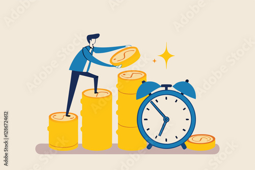 Long term investing or savings for retirement fund, compound interest or investment growth, tax time reminder concept, businessman on alarm clock put more dollar coin money to increase his savings.