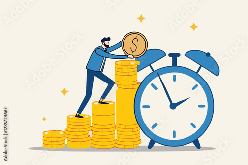 Long term investing or savings for retirement fund, compound interest or investment growth, tax time reminder concept, businessman on alarm clock put more dollar coin money to increase his savings.