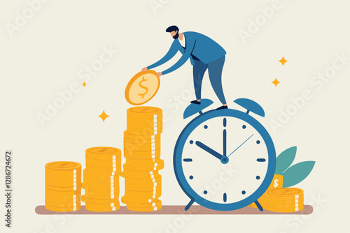 Long term investing or savings for retirement fund, compound interest or investment growth, tax time reminder concept, businessman on alarm clock put more dollar coin money to increase his savings.