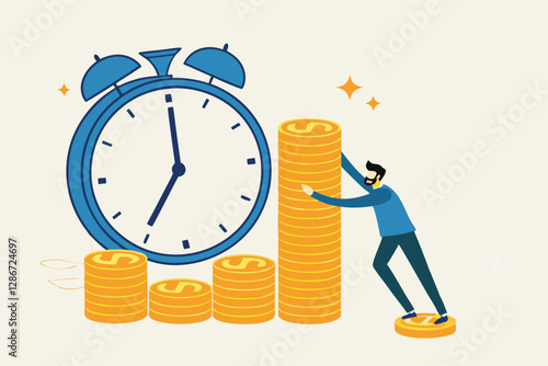 Long term investing or savings for retirement fund, compound interest or investment growth, tax time reminder concept, businessman on alarm clock put more dollar coin money to increase his savings.