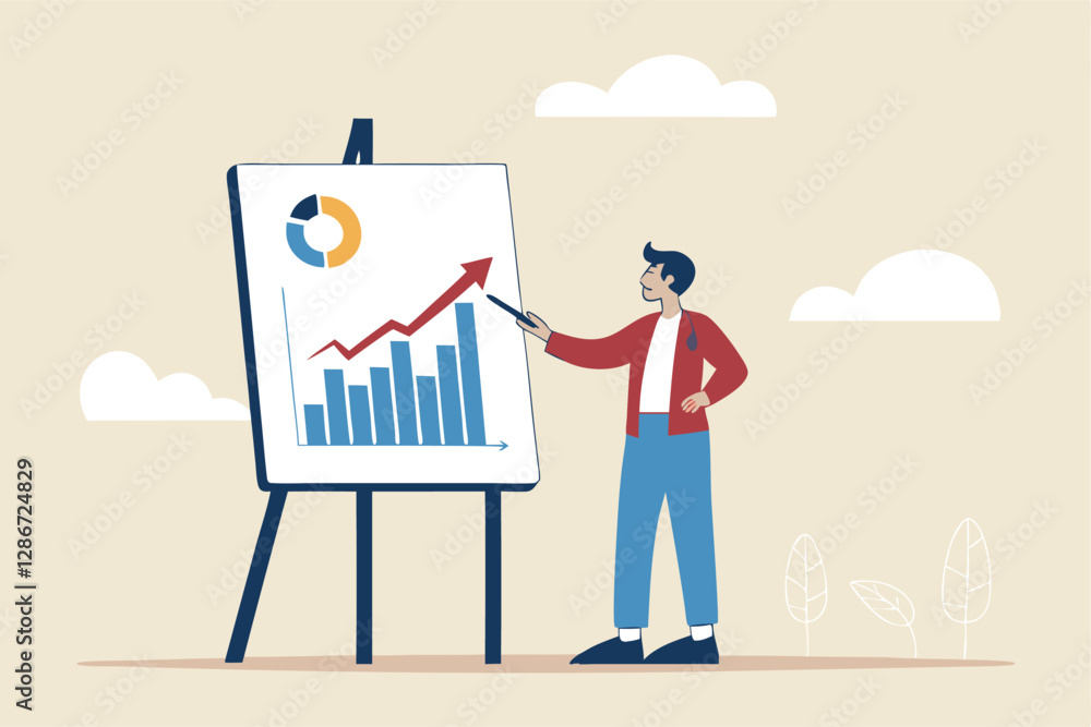 Present company growth, boost profit or increase revenue, success investment or growing sales, report or improvement statistics concept, businessman present graph with high improvement bar chart.