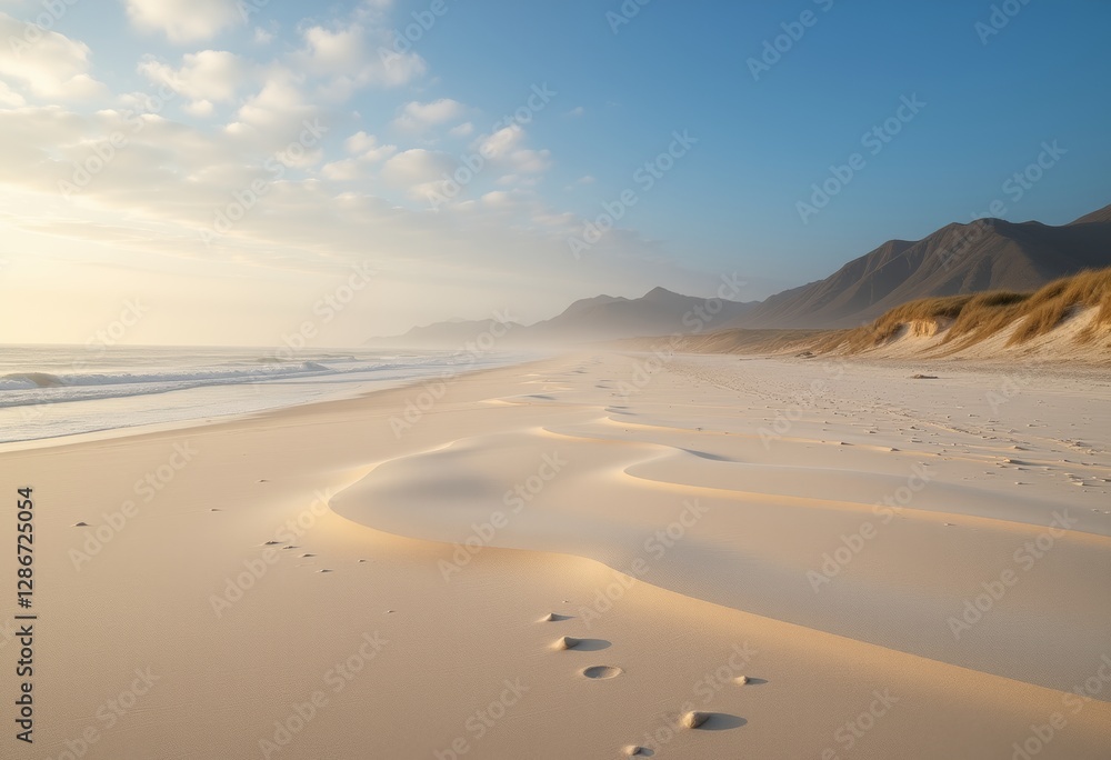 Deserted beach with footprints and smooth sand patterns under the soft glow of the setting sun Deserted beach with footprints and smooth sand patterns under the soft glow of the setting sun