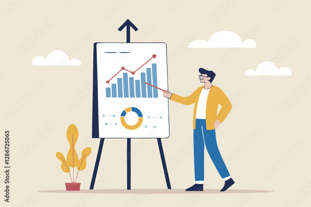 Present company growth, boost profit or increase revenue, success investment or growing sales, report or improvement statistics concept, businessman present graph with high improvement bar chart. Present company growth, boost profit or increase revenue, success investment or growing sales, report or improvement statistics concept, businessman present graph with high improvement bar chart.