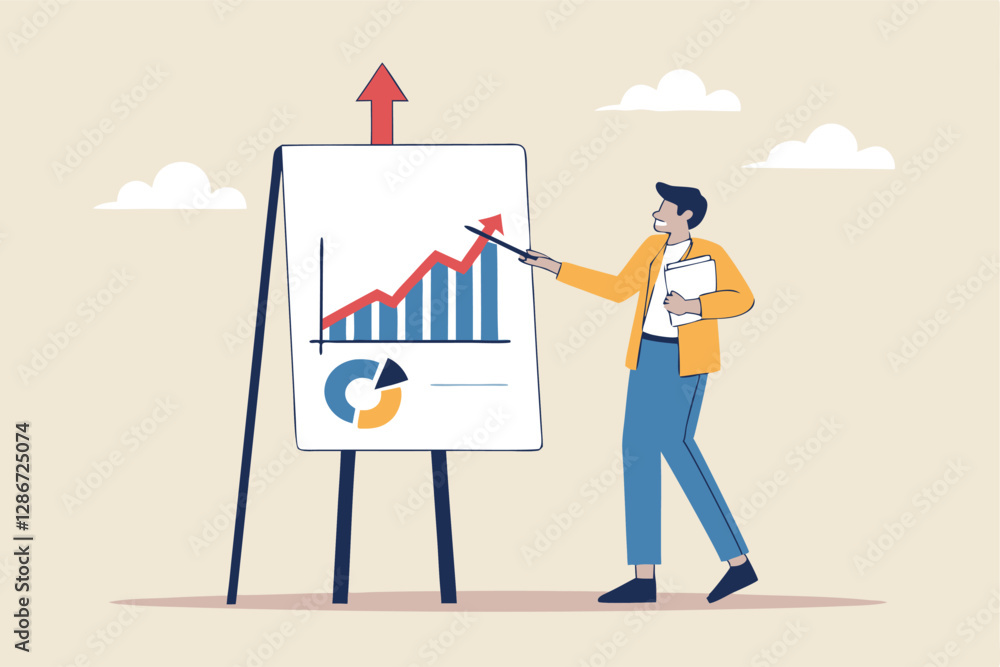 Present company growth, boost profit or increase revenue, success investment or growing sales, report or improvement statistics concept, businessman present graph with high improvement bar chart. Present company growth, boost profit or increase revenue, success investment or growing sales, report or improvement statistics concept, businessman present graph with high improvement bar chart.