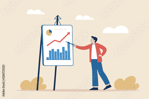 Present company growth, boost profit or increase revenue, success investment or growing sales, report or improvement statistics concept, businessman present graph with high improvement bar chart.