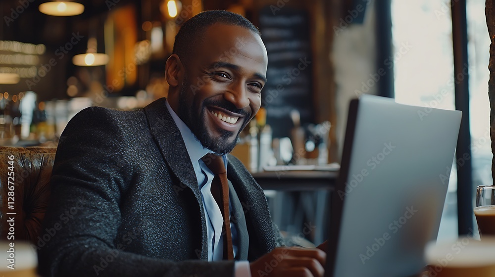 Entrepreneur smiles at the computer screen while having a coffee during a business break in a vintage restaurant. Entrepreneur smiles at the computer screen while having a coffee during a business Entrepreneur smiles at the computer screen while having a coffee during a business break in a vintage restaurant. Entrepreneur smiles at the computer screen while having a coffee during a business
