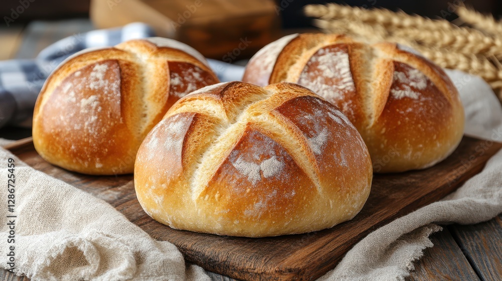 Three artisanal loaves rest on a rustic wooden cutting board, elegantly draped with a cloth, showcasing a warm and inviting culinary presentation. Three artisanal loaves rest on a rustic wooden cutting board, elegantly draped with a cloth, showcasing a warm and inviting culinary presentation.