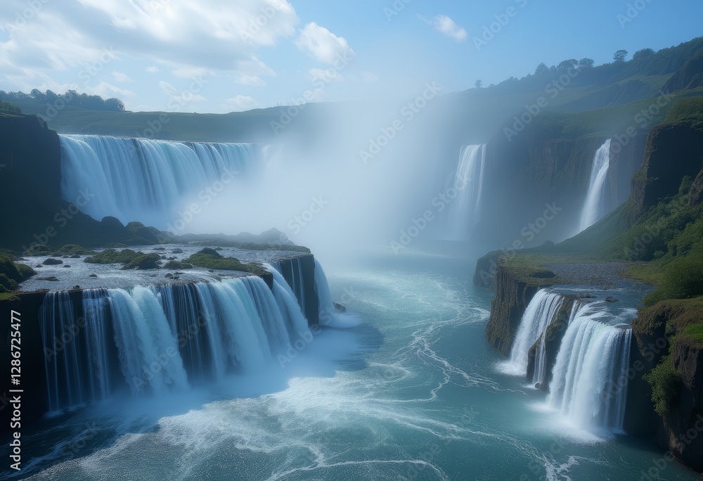 Wide-angle shot of a grand waterfall with multiple cascades and a misty river below Wide-angle shot of a grand waterfall with multiple cascades and a misty river below