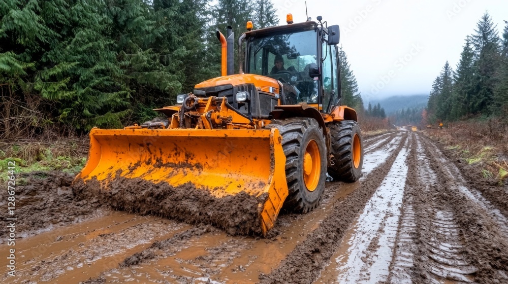 Mud clearing operation with heavy machinery on a forest road in rainy weather, showcasing rugged terrain and equipment in action Mud clearing operation with heavy machinery on a forest road in rainy weather, showcasing rugged terrain and equipment in action