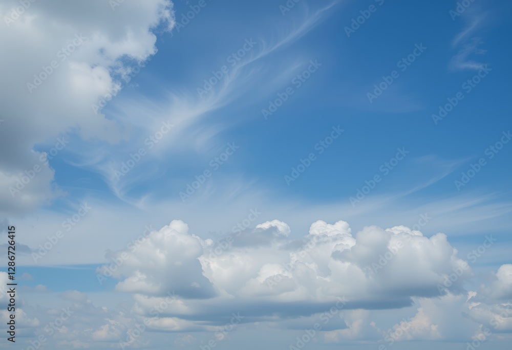 Light blue sky with white clouds and wispy cirrus clouds creating calm and serene atmosphere Light blue sky with white clouds and wispy cirrus clouds creating calm and serene atmosphere