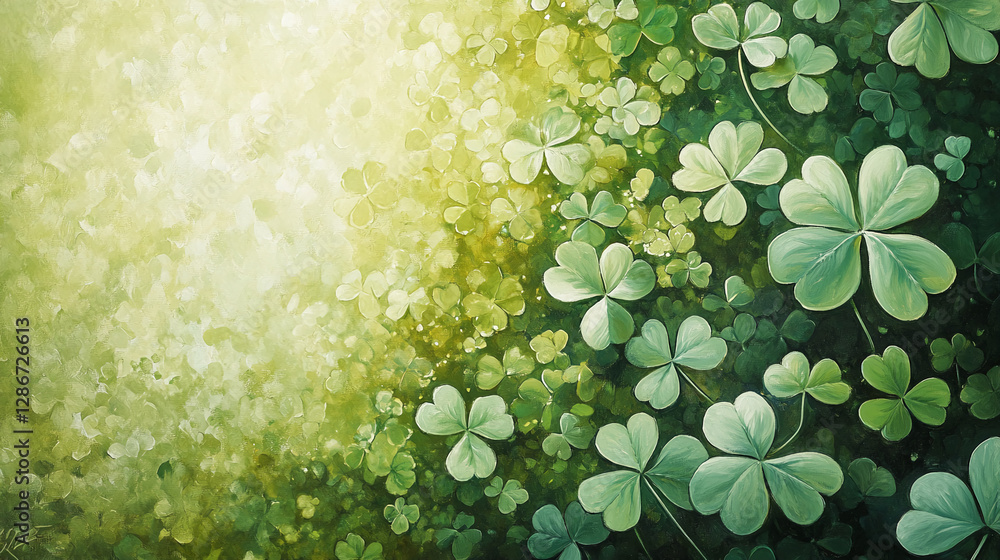 Fototapeta premium Green clovers with a soft yellow background, symbolizing luck, St. Patrick's Day, and nature's beauty with vibrant shades of green and an artistic, peaceful atmosphere.