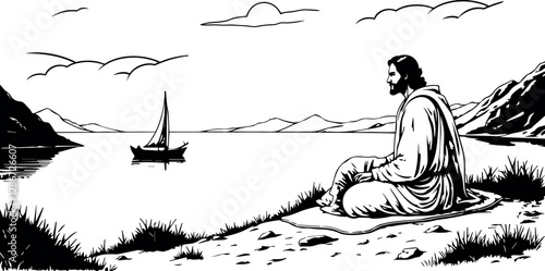 Jesus looking at a fishermen's boat - Vector