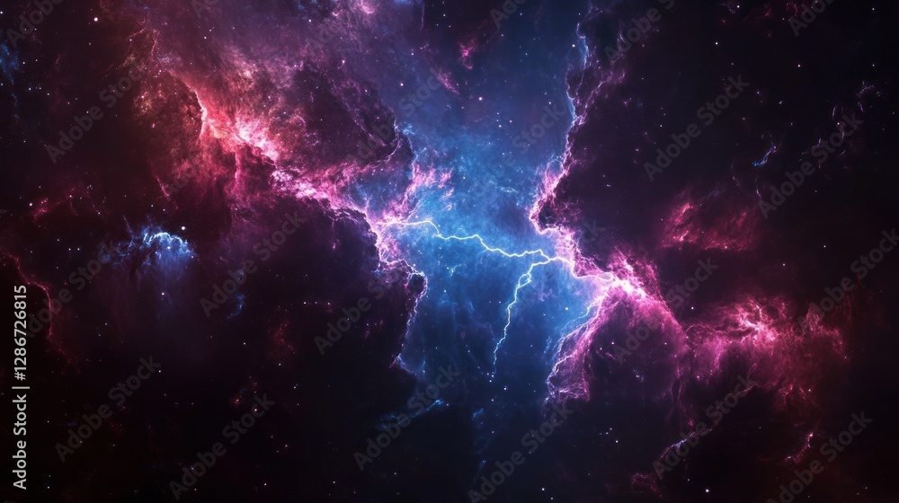 Fototapeta premium Cosmic Nebula Cloud Formation with Lightning Streaks in Deep Space