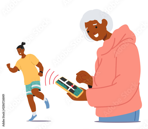 Elderly mom parent with excessive control and overprotection viewing her adult son jogging in park