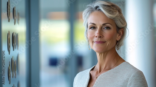 Proud businesswoman in an elegantly appointed office gazing at accolades