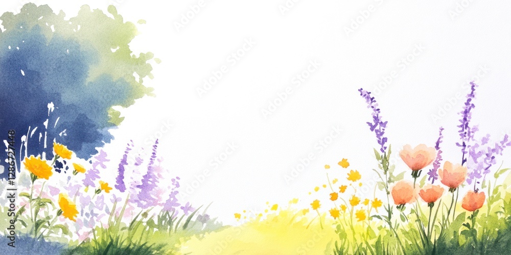 Obraz premium Watercolor field scenery, floral meadow, artistic creation, nature inspiration, colorful composition, brushstroke technique, landscape portrayal, blooming vegetation, picturesque setting.