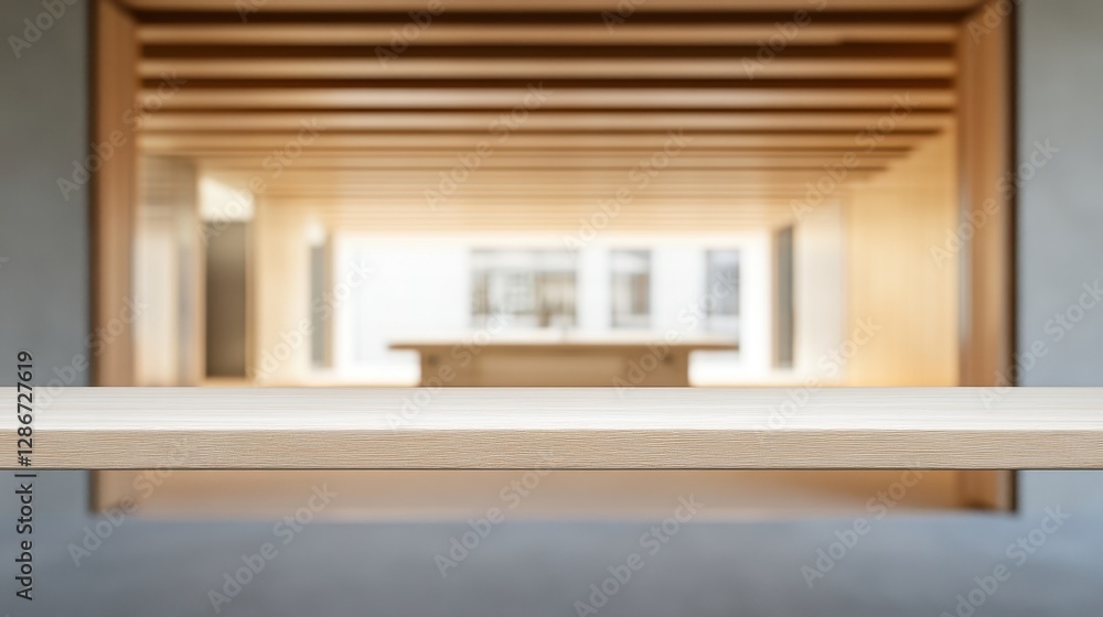Fototapeta premium Modern office interior with a minimalist wooden table in focus, highlighting clean lines and spacious design.
