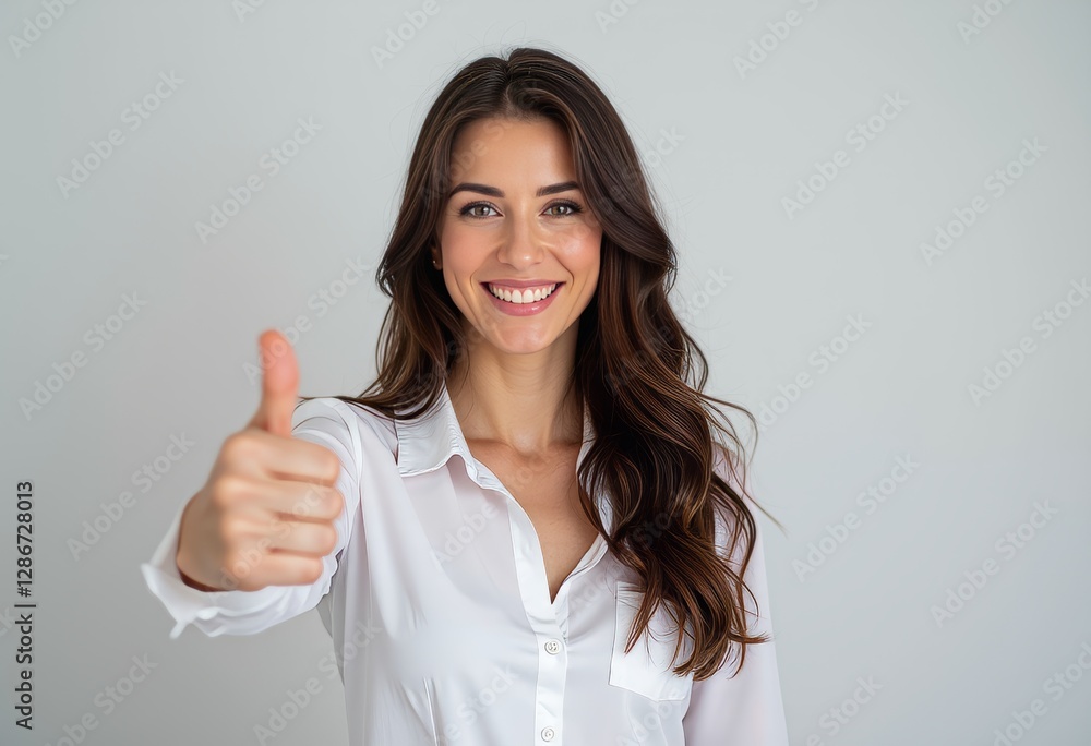 Smiling woman in a white shirt giving a thumbs up sign Smiling woman in a white shirt giving a thumbs up sign