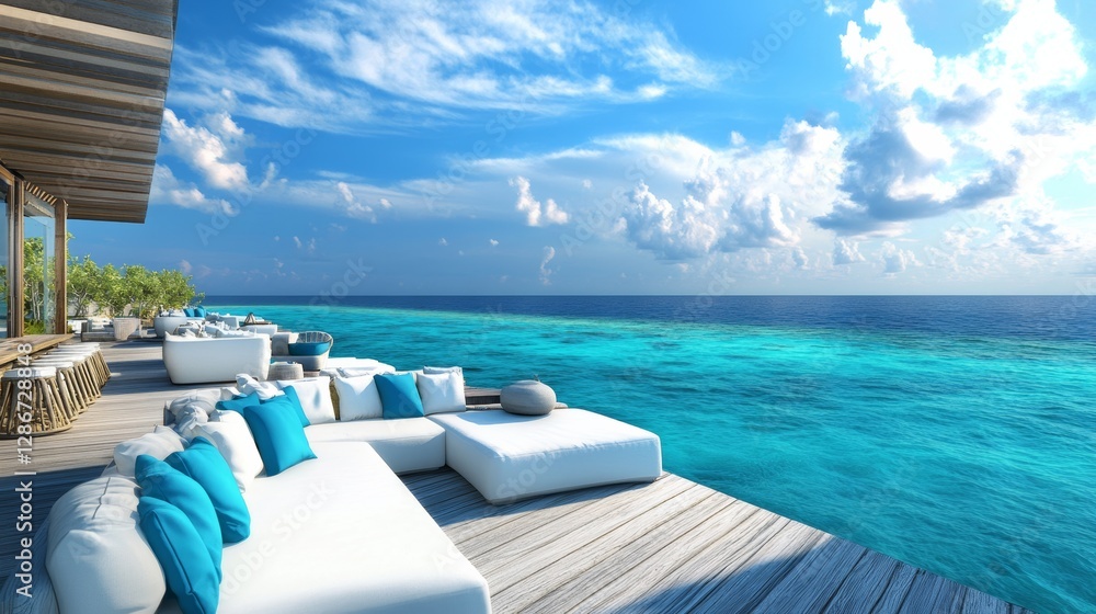 Fototapeta premium Outdoor lounge area with white sofas and blue pillows overlooking the turquoise ocean.