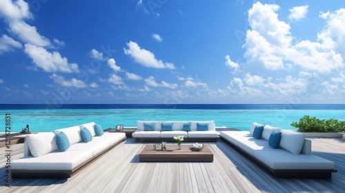 Wallpaper Mural Outdoor lounge area with white sofas and blue pillows overlooking the turquoise ocean. Torontodigital.ca