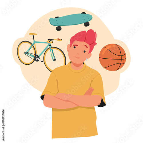 Teenager boy kid character choosing sport activity between cycling, skateboarding, basketball class