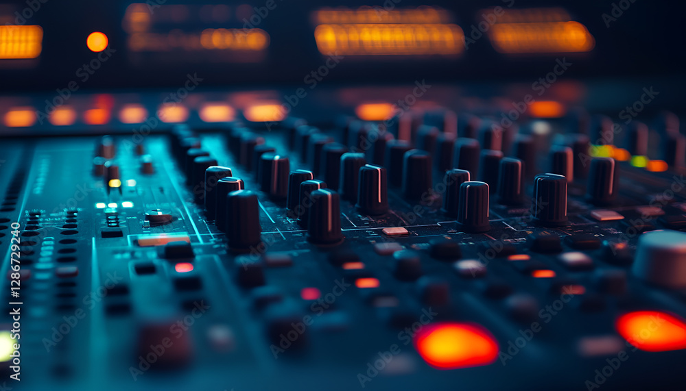 Sound control music mixer in record studio. Close up mixer and equalizer volume on the mixer amplifier. Digital audio system Sound control music mixer in record studio. Close up mixer and equalizer volume on the mixer amplifier. Digital audio system