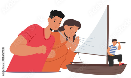 Caring mom and dad giving support and help to son child in life way of development and growth