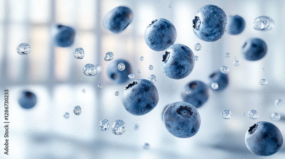 Floating Blueberries on a Soft White Background. Dynamic food composition. Floating Blueberries on a Soft White Background. Dynamic food composition.