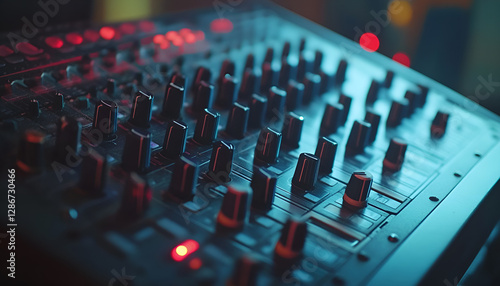 Sound control music mixer in record studio. Close up mixer and equalizer volume on the mixer amplifier. Digital audio system