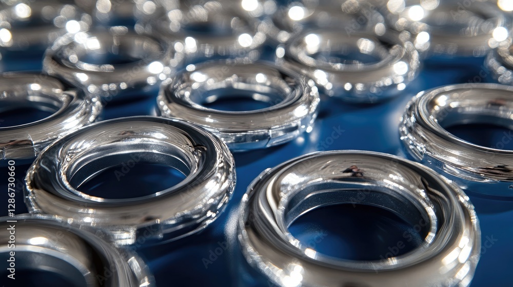 Set of polished silver washers spread evenly across a bold blue industrial backdrop Set of polished silver washers spread evenly across a bold blue industrial backdrop