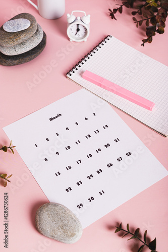 Calendar, alarm clock, notebook and pen on a pink background vertical view