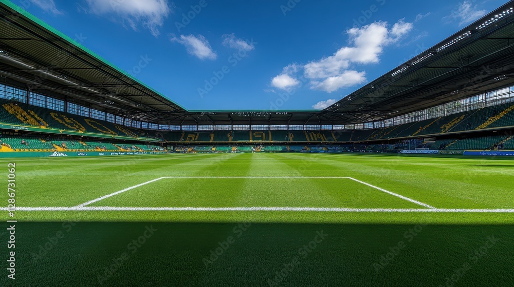 Obraz premium Aerial view of a vibrant soccer field under a clear blue sky, showcasing the lush green grass and white boundary lines.
