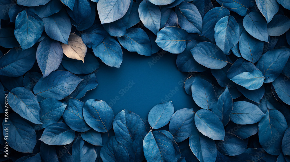 Background covered with dark blue dried leaves. Empty place in the center. Deep blue tones. Trendy horizontal web banner for social media with copy space. Background covered with dark blue dried leaves. Empty place in the center. Deep blue tones. Trendy horizontal web banner for social media with copy space.