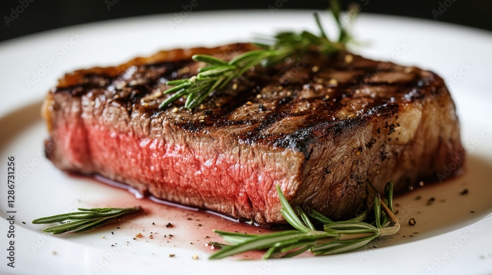 A perfectly grilled steak served on a white plate, garnished with fresh rosemary. A perfectly grilled steak served on a white plate, garnished with fresh rosemary.
