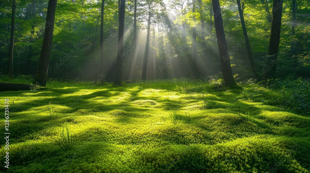 Fototapeta premium Sun Rays Shining Through Forest Canopy Onto Mossy Ground Scene