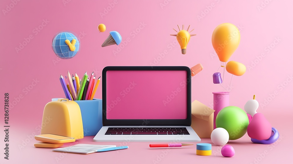 Playful 3D Render: Laptop and Whimsical Objects on Pink Background AI Generated Playful 3D Render: Laptop and Whimsical Objects on Pink Background AI Generated