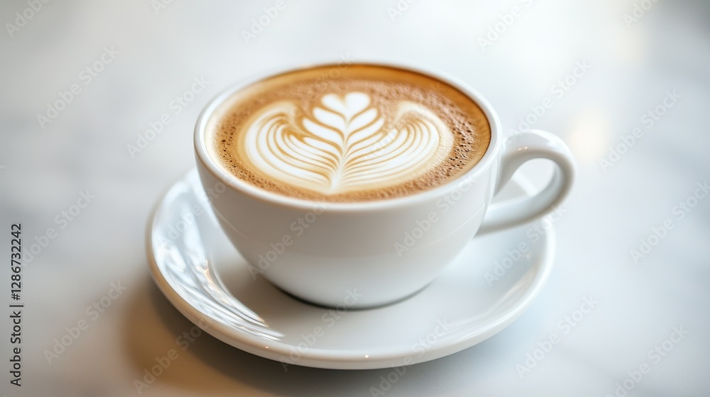 A beautifully crafted cup of coffee with latte art, showcasing intricate leaf designs atop creamy coffee. A beautifully crafted cup of coffee with latte art, showcasing intricate leaf designs atop creamy coffee.