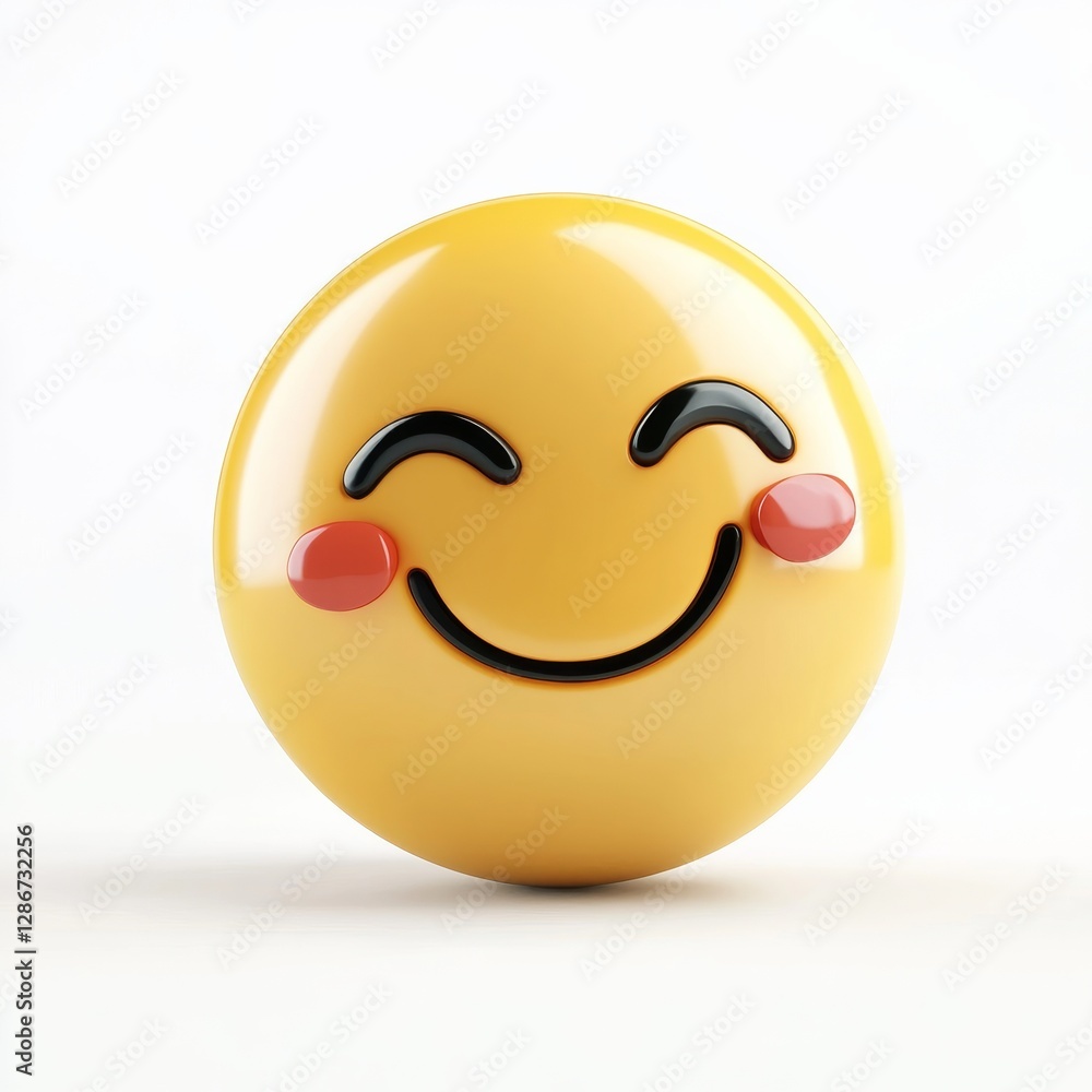 Fototapeta premium 3D Rendering of a Smiling Emoticon with Red Cheeks on a White Background, conveying Happiness and Playfulness.