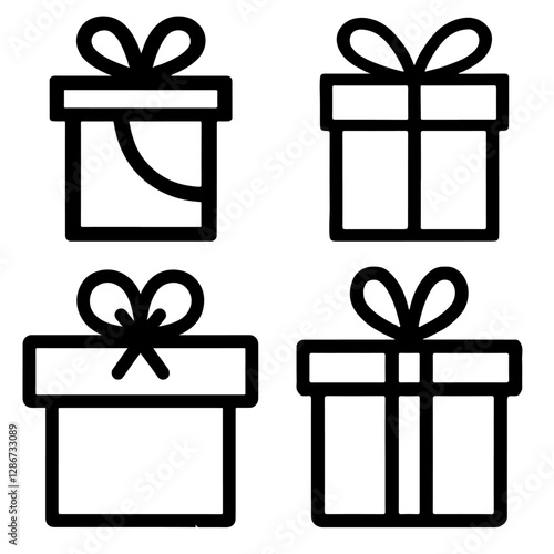Four outlined vector gift box icons with bows, arranged in a grid, in a minimalist style.