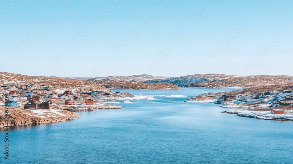 Fototapeta premium Scenic winter village nestled by a fjord