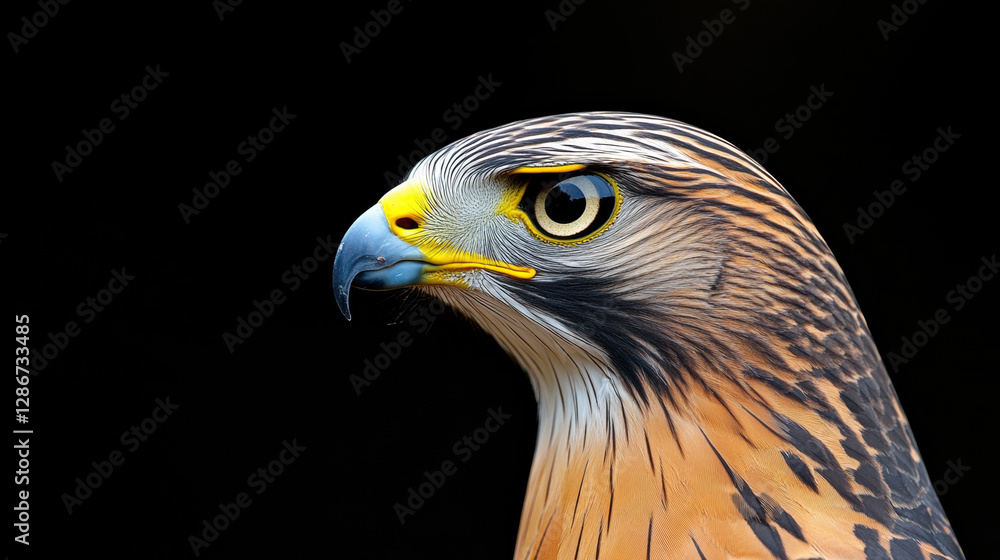 Fototapeta premium Anatomy, A detailed side profile of a hawk's head, showcasing its features in high fidelity.
