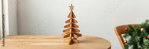 Wooden Christmas tree on a side table, wooden decor, rustic ambiance