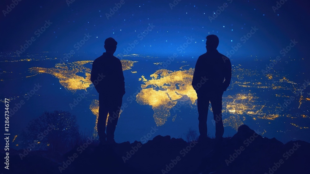 Obraz premium Business visionaries silhouetted against a glowing global map, symbolizing cross-border success.
