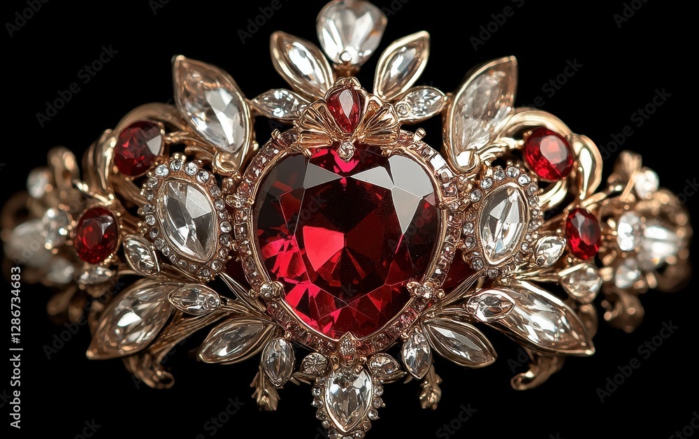 Fototapeta premium Elegant Ruby and Diamond Heart Crown Exquisite Gold Jewelry Accessory Perfect for Royalty or Special Occasions