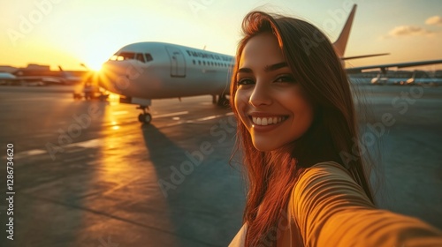 Wallpaper Mural Happy young woman taking selfie picture with smart mobile phone boarding on air plane - Cheerful tourist standing at the airport - Travel life style concept, generative ai Torontodigital.ca