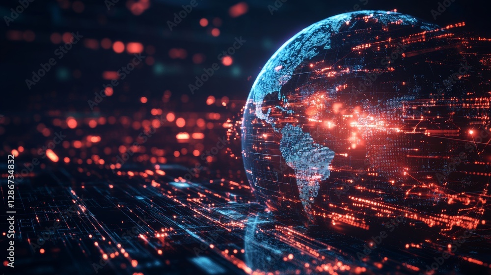 Digital world, global network concept with Earth hologram and city skyline at night background. Digital world, global network concept with Earth hologram and city skyline at night background.