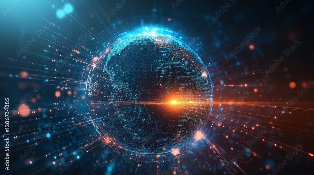 Digital world, global network concept with Earth hologram and city skyline at night background. Digital world, global network concept with Earth hologram and city skyline at night background.