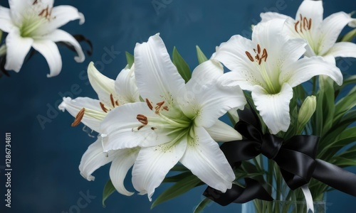 White lilies with a black ribbon on a blue mourning background, funeral tradition, respectful gesture, memory tribute